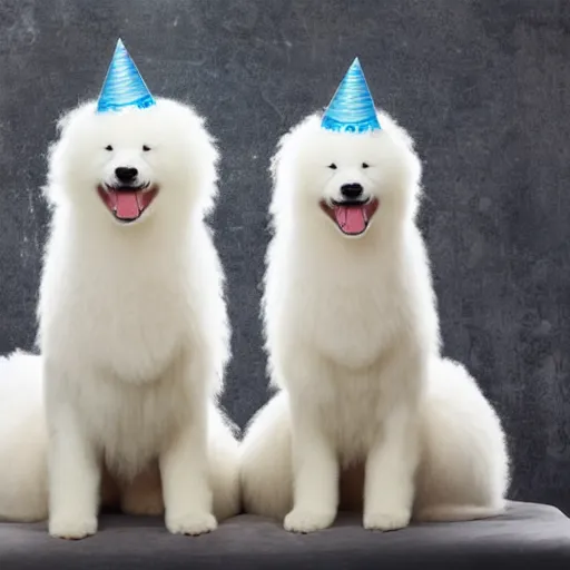 Image similar to realistic, sharp, several white and fluffy samoyeds sitting on the couch wearing birthday hats and smiling to you, happy, cute