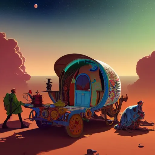 Image similar to gypsy caravan by paolo eleuteri serpieri and tomer hanuka and chesley bonestell and daniel merriam and tomokazu matsuyama, unreal engine, high resolution render, featured on artstation, octane, 8 k, highly intricate details, vivid colors