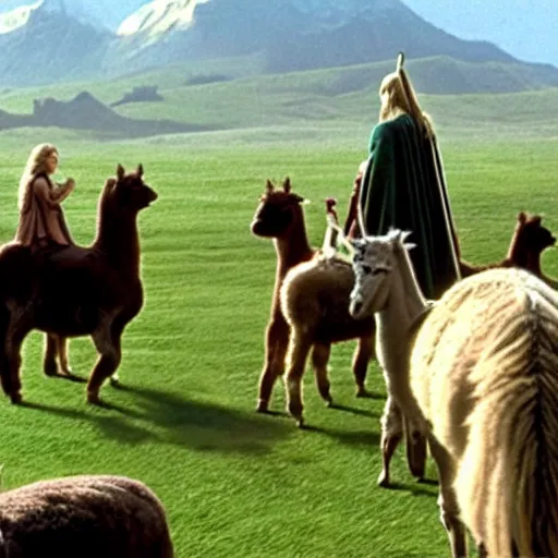 Image similar to still from lord of the rings showing the ride of the rohirrim, but on alpacas