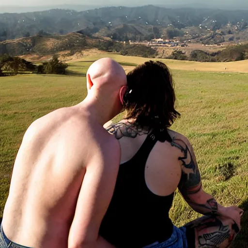 Prompt: portrait of a young chunky bald white male tattoos and his young white female brown hair wife with tattoos. male is wearing a white t - shirt, tan shorts, white long socks. female is has long brown hair and a lot of tattoos. photo taken from behind them overlooking the field with a goat pen. rolling hills in the background of california and a partly cloudy sky