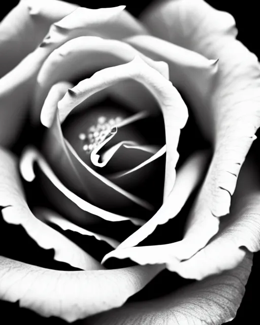 Prompt: black and white dreamy spiritual rose - fish - cyborg high quality portrait photo, microchip leaves, artificial intelligence, cinematic, rim light, photo - realistic, elegant, high detail, 8 k, masterpiece, high fashion