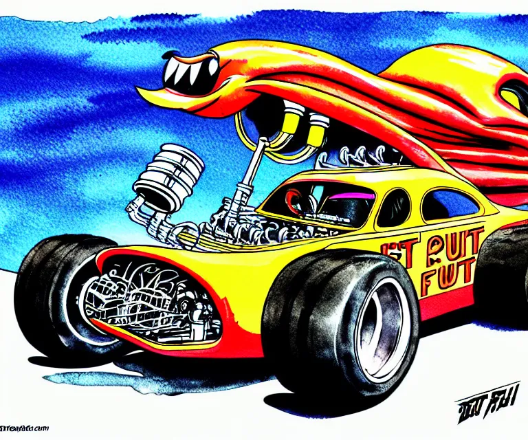 Image similar to roth's drag nut fuel, a pigeon driving a mega - suped - up - hotrod, oversized engine, ratfink style, ed roth, centered, watercolor pen illustration