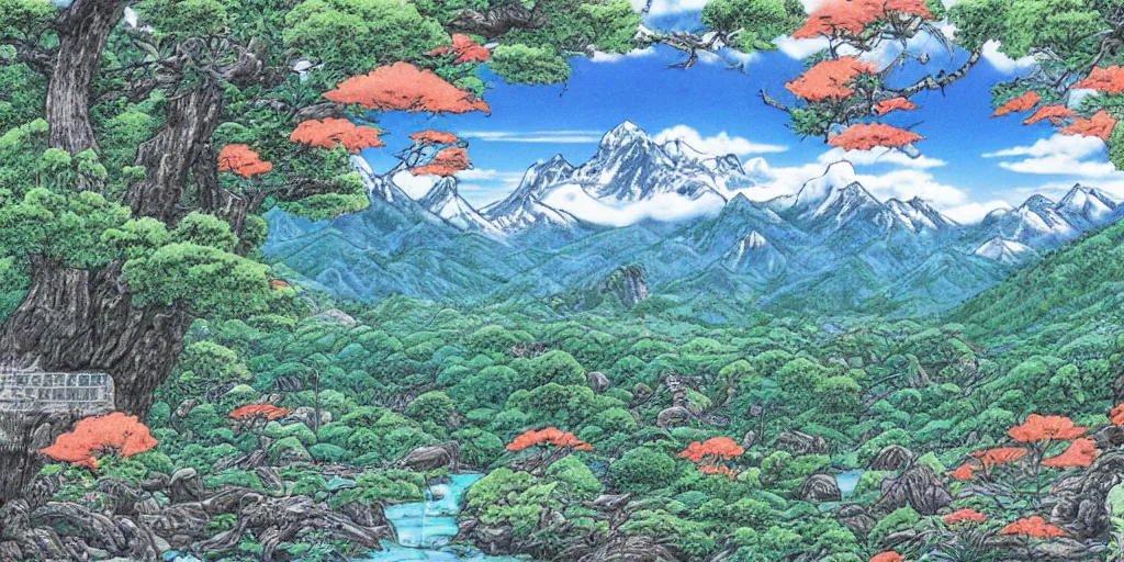 Prompt: art by akira toriyama of the cinematic view of the jiuzhaigou valley forest