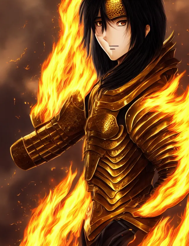 Image similar to a detailed manga portrait of a black haired man with hazel eyes in gleaming golden armour that burns with golden fire, trending on artstation, digital art, 4 k resolution, detailed, high quality, sharp focus, hq artwork, coherent, insane detail, character portrait