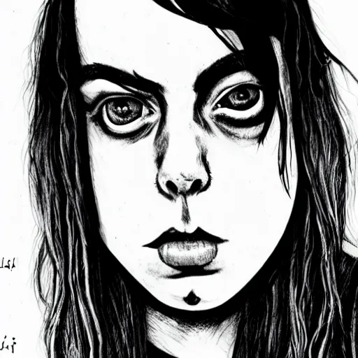 Prompt: grunge drawing of billie eilish in the style of the shining