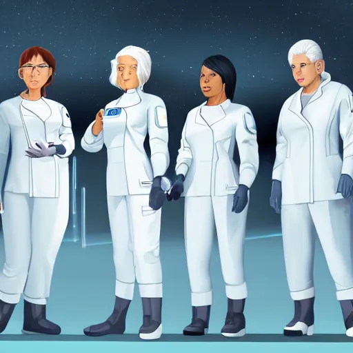 Image similar to line of six women of varying heights and body shapes, white hair, tight light blue neopren space uniforms, futuristic chemistry lab, sci - fi, highly detailed, cinematic