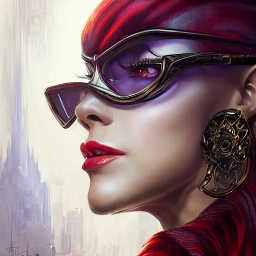 Image similar to a portrait of jenna dewan as bayonetta, upper half portrait, urban motifs, intricate, elegant, highly detailed, digital painting, trending on artstation, concept art, smooth sharp focus, illustration, art by artgerm and greg rutkowski