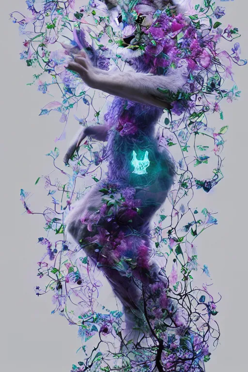 Image similar to vines and flowers forming a figure of a wolf in a bioluminescent forest by małgorzata kmiec and alberto seveso, beautiful, ethereal, 3 d