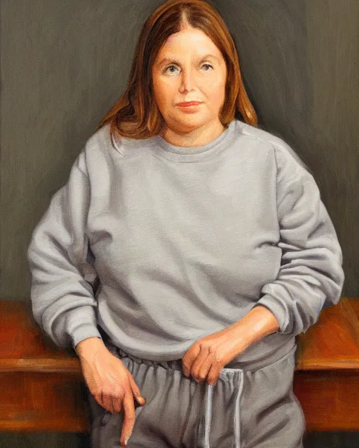 Prompt: an oil painting portrait of a woman wearing grey sweatpants and a sweatshirt, poised, large brush strokes, wood frame