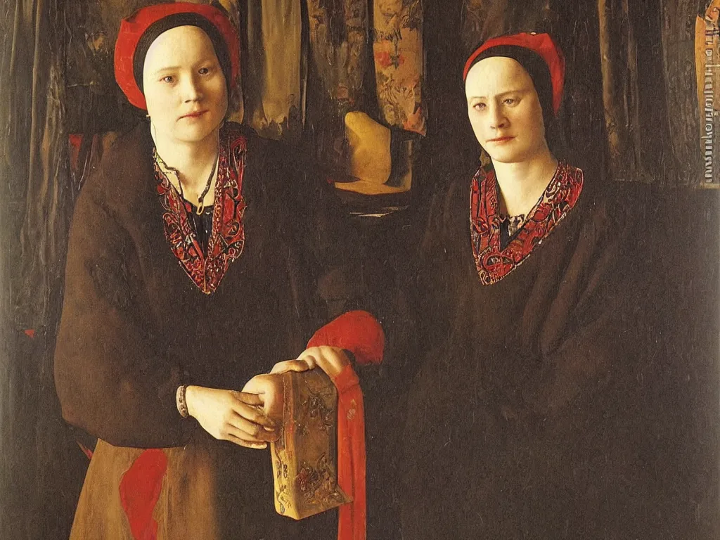 Prompt: portrait of a woman from a village in romania in traditional costume. painting by jan van eyck, georges de la tour