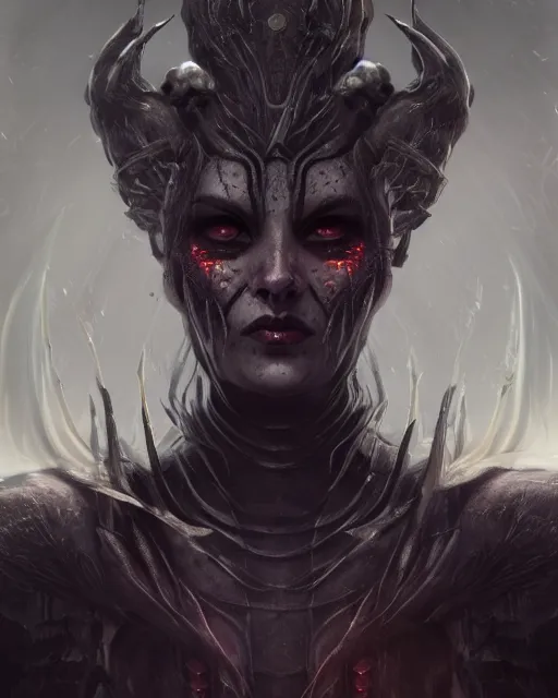 Image similar to headshot portrait of nightmare queen inspired by daemonology and catholicism, detailed, textured, realistic, unreal engine, cgsociety, cinematic lighting, concept art