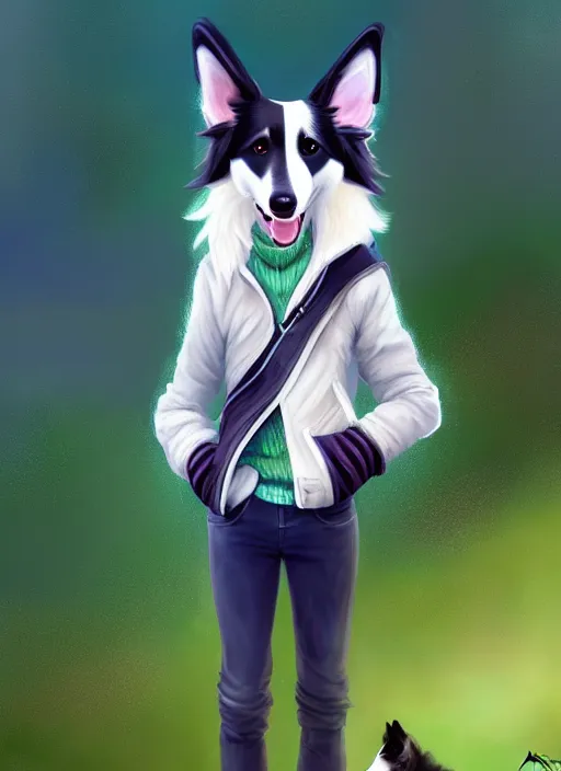 Prompt: full body digital painting of a cute male anthropomorphic border collie fursona wearing a jacket in front of a park, furaffinity, scenic background, intricate, elegant, beautiful, fantasy, highly detailed, trending on artstation, art by charlie bowater and henry asencio and and ross tran