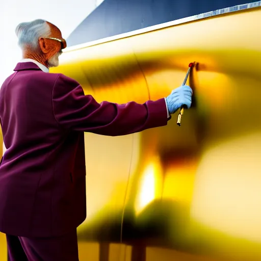 Image similar to wrinkled hunchbacked old man in musty burgundy suit, polishing painting the side of a huge gold plated mega yacht with a cloth, maintenance photo