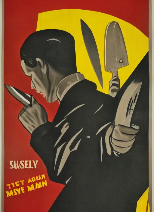 Prompt: mystery man with knife 1940s propaganda poster, full hd,highly detailed