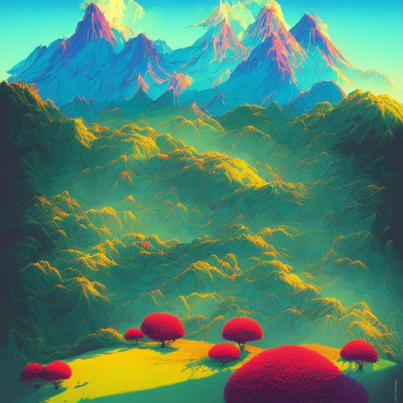 Image similar to kinabalu peak, summer morning, very coherent and colorful high contrast, art by! gediminas pranckevicius! geof darrow,!!! pastel color!!!, volumetric lighting, cinematic, floralpunk screen printing woodblock, dark shadows, hard lighting, stippling art