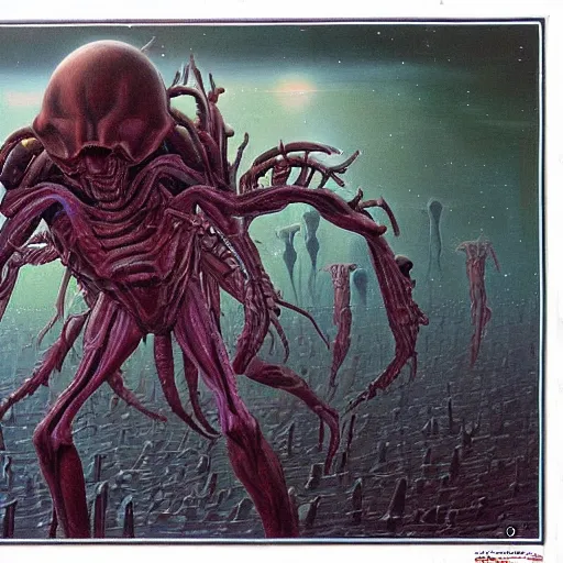 Image similar to painting of an alien spaceship made of flesh and exoskeleton, in the style of wayne barlowe