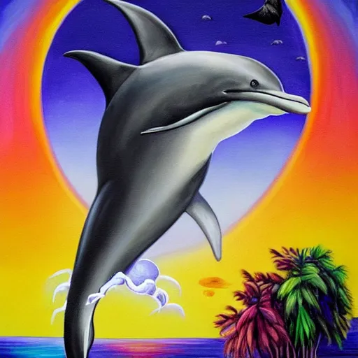 Image similar to a hyper realistic painting of the grim reaper riding a dolphin over a rainbow, highly detailed, vivid color,