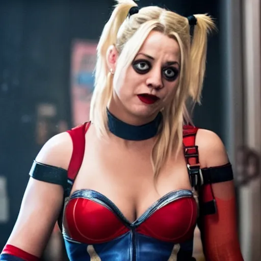 Image similar to A still of Kaley Cuoco as Harley Quinn