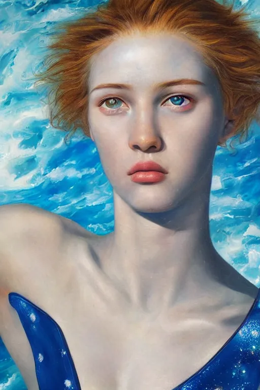 Prompt: hyperrealism oil painting, blue stars mixed with ocean waves background, close - up portrait of cyborg fashion model with pale skin in soft light, in style of classicism mixed with 8 0 s japanese sci - fi books art