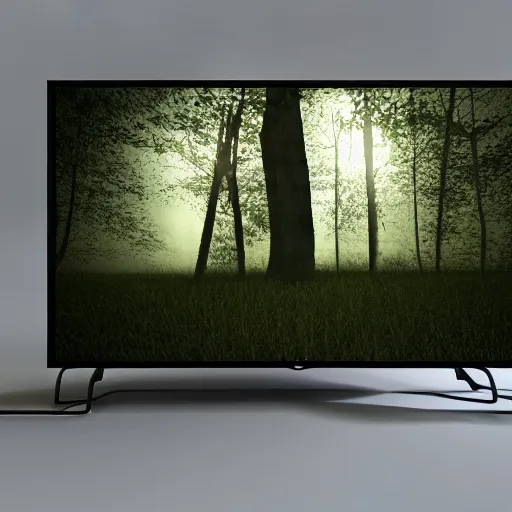 Prompt: a man with the head of a tv screen wearing white suit in the woods, cinema 4d, cinematic lighting, fog