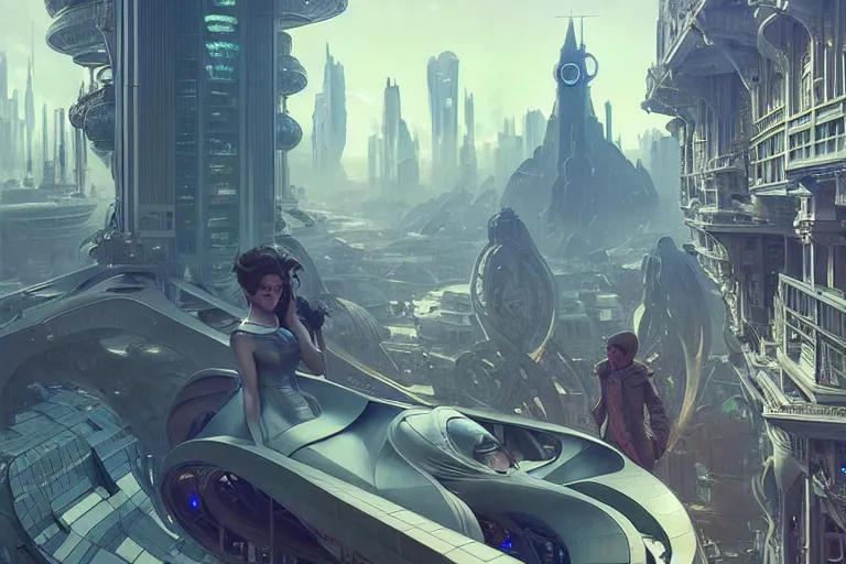 Image similar to ultra realistic, beautiful men and women in a futuristic utopian street, sci - fi, intricate details, eerie, highly detailed, octane render, 8 k, art by artgerm and alphonse mucha and greg rutkowski