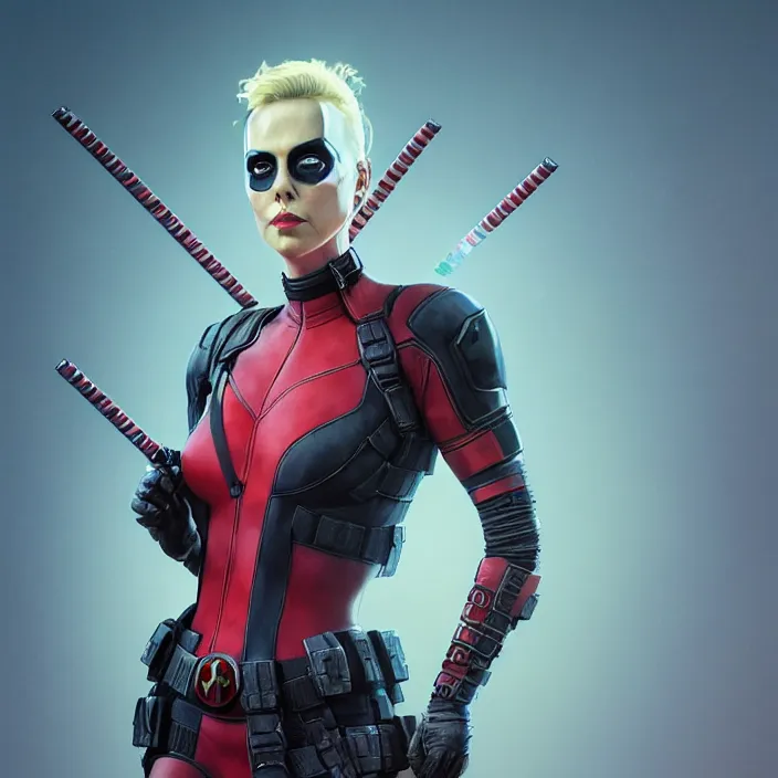 Image similar to charlize theron as lady deadpool. intricate abstract. intricate artwork. by tooth wu, wlop, beeple, dan mumford. octane render, trending on artstation, greg rutkowski very coherent symmetrical artwork. cinematic, hyper realism, high detail, octane render, 8 k, iridescent accents