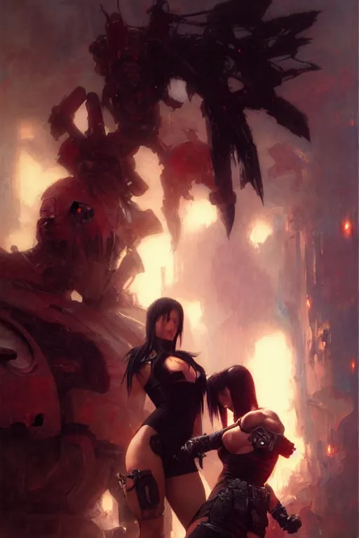 Image similar to tifa lockhart fighting the doom marine, portrait dnd, painting by gaston bussiere, craig mullins, greg rutkowski, yoji shinkawa