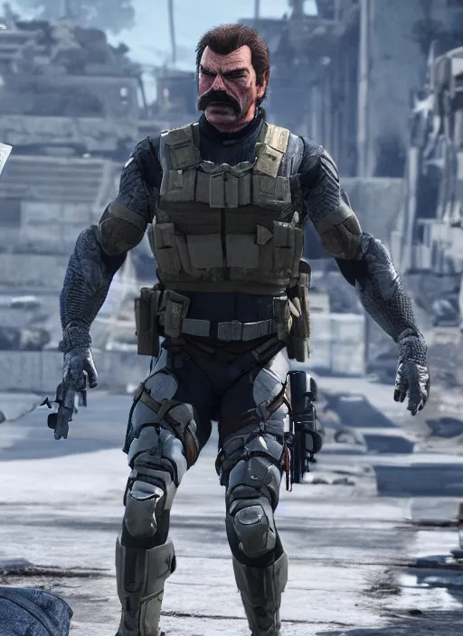 Image similar to film still of tom selleck as snake in metal gear solid the phantom pain, gameplay, 8 k, hd