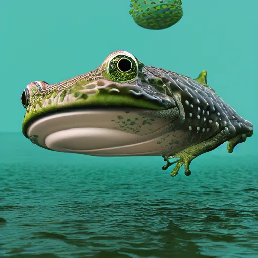 Image similar to hybrid of frog whale swimming in ocean, extremely detailed raytracing, vray, 5 5 mm