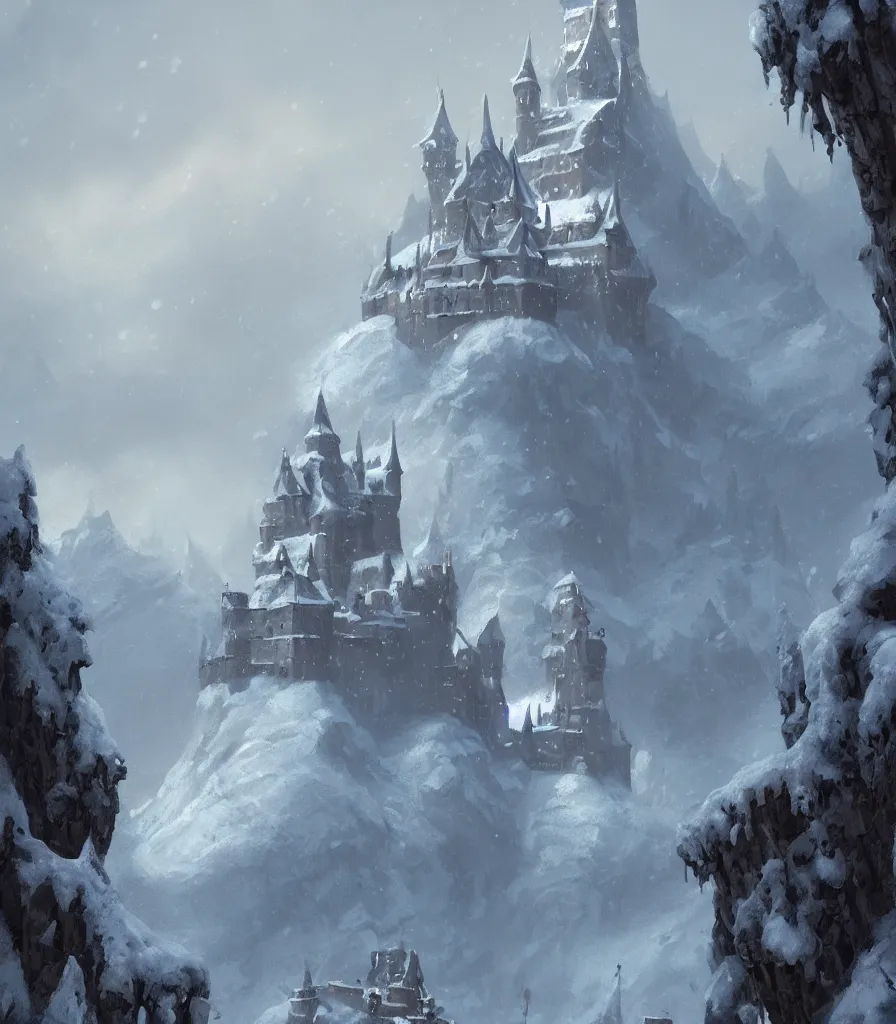 Image similar to a painting of a castle in the middle of a snowy mountain, a detailed matte painting by andreas rocha and greg rutkowski, featured on artstation, fantasy art, matte drawing, matte painting, artstation hq