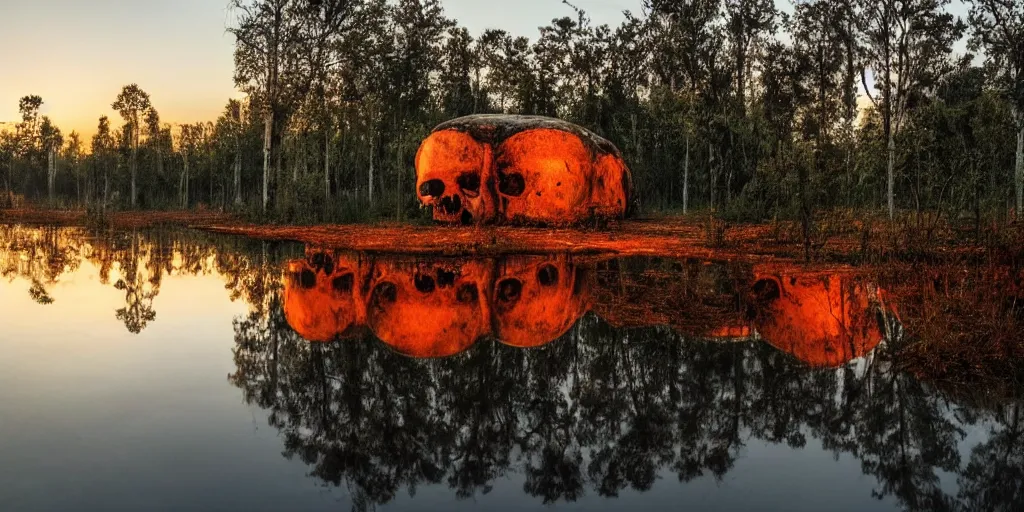 Image similar to abandoned huge building in shape of skull, puddles of water, trees, sunrise, orange glow, by greg rutkowsky and ivan shishkin,