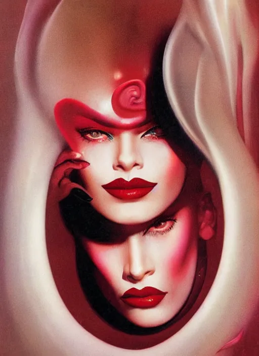 Image similar to an 8 0 s portrait of a woman with dark eye - shadow and red lips with dark slicked back hair dreaming acid - fueled hallucinations by serge lutens, rolf armstrong, delphin enjolras, peter elson