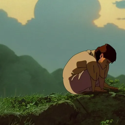 Image similar to a cell - shaded cartoon movie still from princess mononoke ( 1 9 9 7 ) of a middle eastern imam kneeling in prayer. a golden ufo is in the sky. very dull muted colors, hd, 4 k, hq