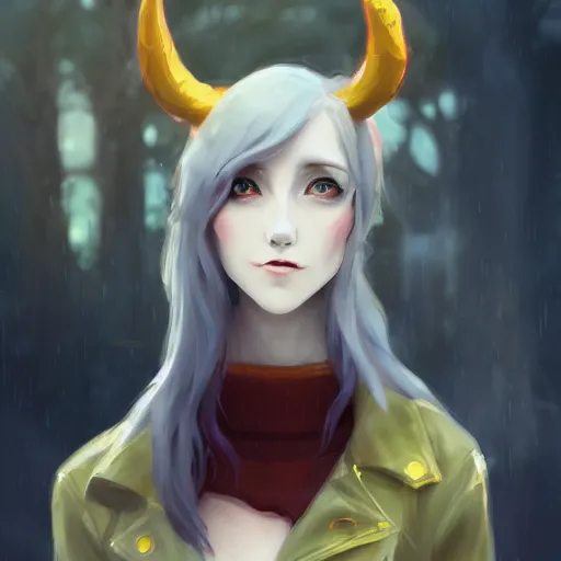 Image similar to a pale redheaded demoness with yellow eyes and horns wearing a jacket, highly detailed, digital painting, artstation, matte, by makoto shinkai, animation style