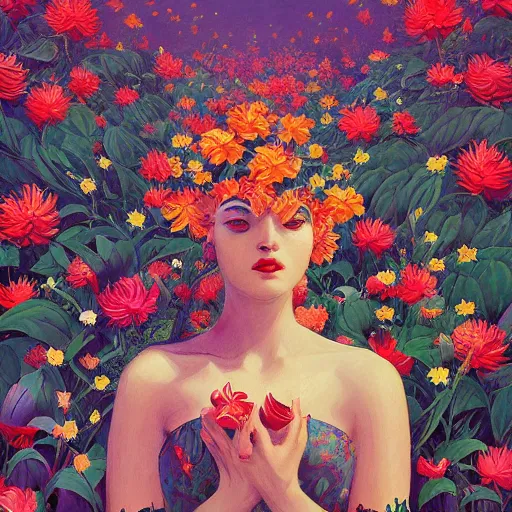 Image similar to hyper detailed illustration - flowers everywhere, long petals, entangled foliage, glowing blossoms, huge blossoms, by James Jean, Masterpiece, Edward Hopper and James Gilleard, Ross Tran, Mark Ryden, Wolfgang Lettl, hints of Yayoi Kasuma, surreal