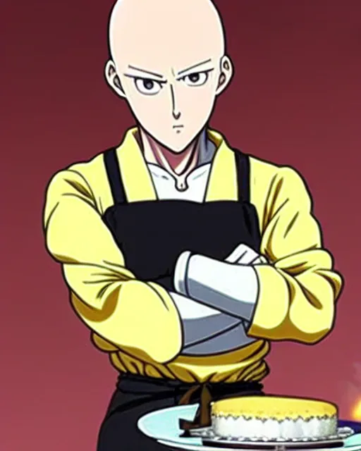 Prompt: chef saitama one punch man, dressed as a pastry chef, fiercely focused at making a cake, beautiful anime artwork