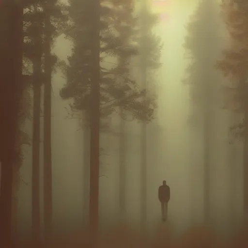 Image similar to a lonely man standing on a deserted planet, forestry, dreary, head down, smokey, mist, blur, red lighting, acrylic art,