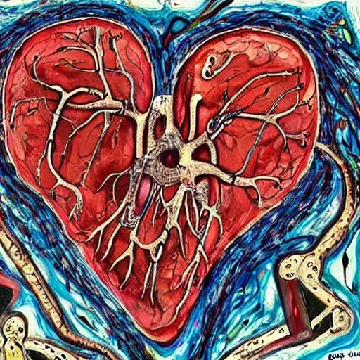 Image similar to anatomically correct human heart, real heart, anatomic, painting by jackson pollock