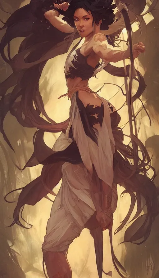 Image similar to yoruichi shihouin by artgerm, greg rutkowski and alphonse mucha, concept art, matte, intricate, full body, epic composition