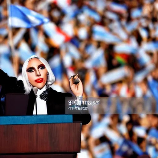 Image similar to Lady Gaga as president, Argentina presidential rally, Argentine flags behind, bokeh, giving a speech, detailed face, Argentina