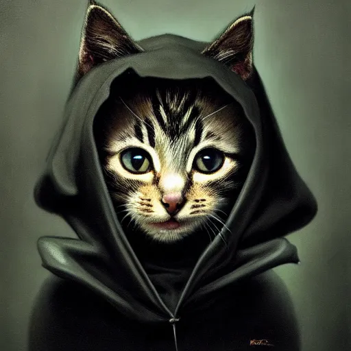 Image similar to a portrait of a kitten wearing a black hood, cloak covering face, anatomically correct, beautiful perfect face, enigmatic, oil painting, matte, black background, Volumetric dynamic lighting, Highly Detailed, Cinematic Lighting, Unreal Engine, 8k, HD, by Beksinski