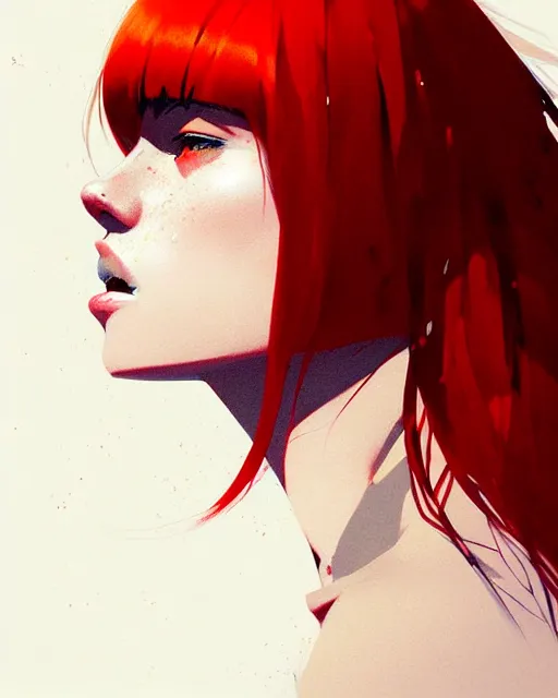 Image similar to a ultradetailed beautiful portrait panting of a stylish woman with red bangs, by conrad roset, greg rutkowski and makoto shinkai, trending on artstation