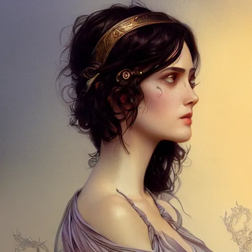 Image similar to beautiful young winona ryder, closeup, d & d, fantasy, intricate, elegant, highly detailed, digital painting, artstation, concept art, matte, sharp focus, illustration, art by artgerm and greg rutkowski and alphonse mucha