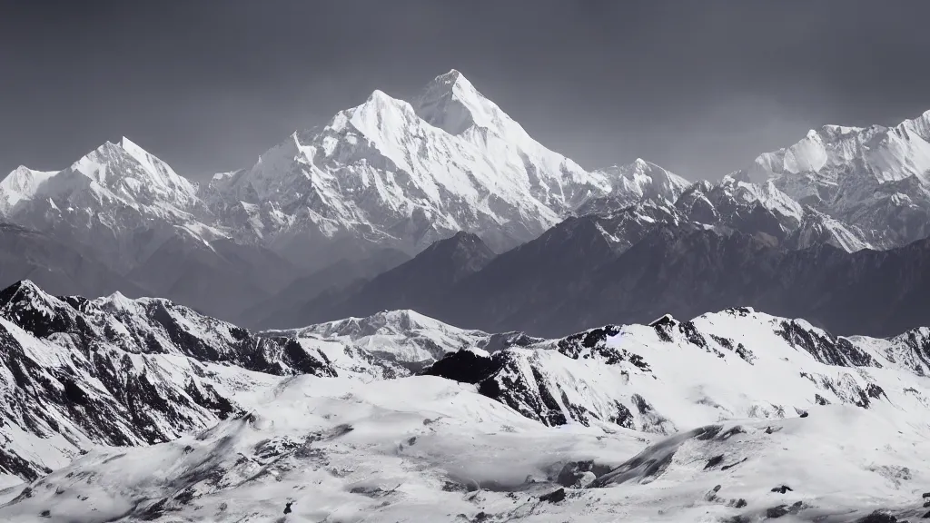 Prompt: moody picture of the Himalayan mountain range with a large McDonalds sign visible in the foreground disturbing the view