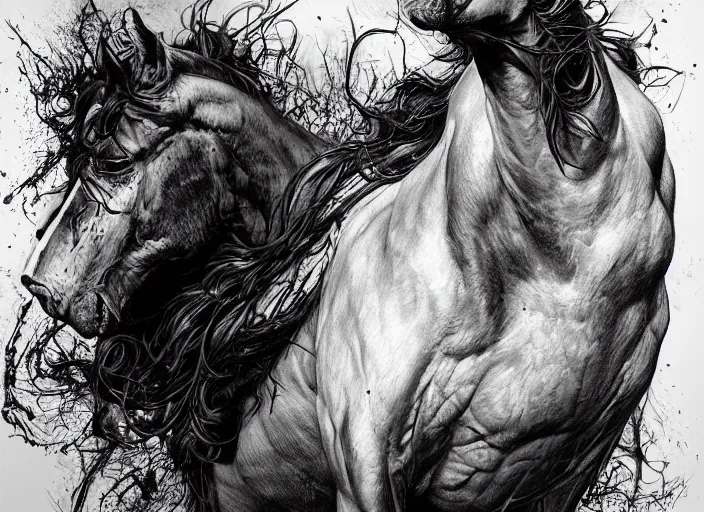 Image similar to a dream portrait of a man - horse aberration, black & white, melting, webbing, 8 k, by tristan eaton, stanley artgerm, tom bagshaw, greg rutkowski, carne griffiths, ayami kojima, beksinski, giger, trending on deviantart, face enhance, hyper detailed, minimalist, horror, alien