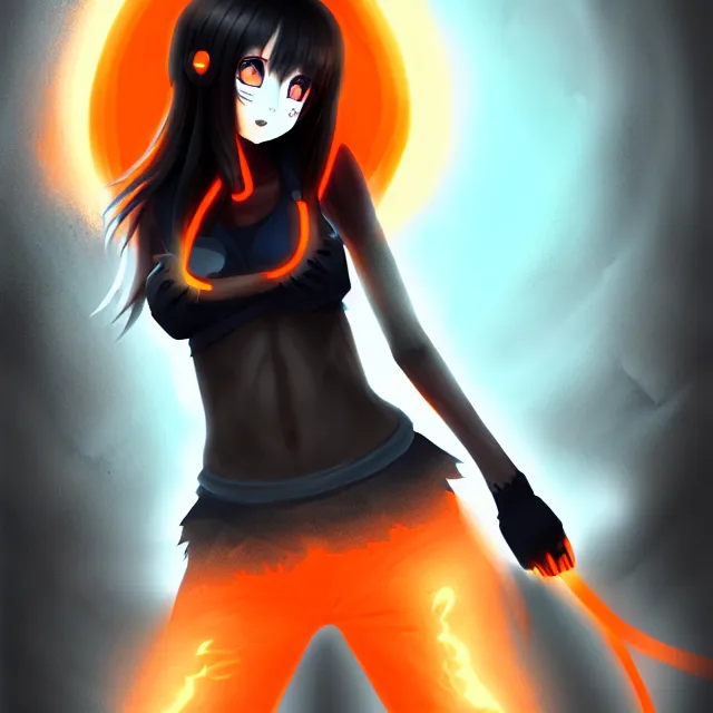 Image similar to an athletic hellhound anime girl with charcoal skin, shaggy black hair and glowing orange eyes, digital art, Behance, pixiv, astonishing, impressive, outstanding, epic, cinematic, stunning, gorgeous, breathtaking fantasy art, masterpiece.