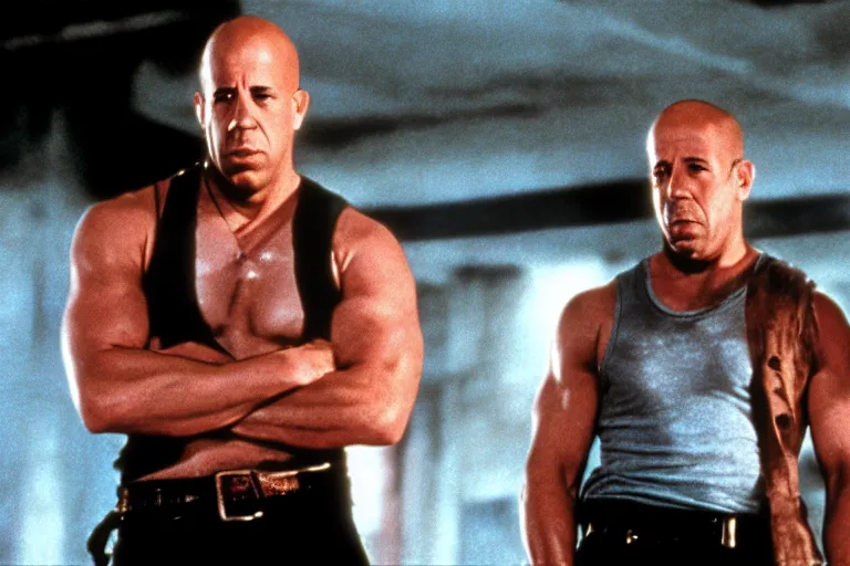 Image similar to film still of Vin Diesel as John McClane in Die Hard 1988