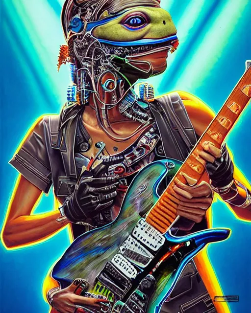 Image similar to a portrait of an anthropomorphic cyberpunk turtle shredding an electric guitar by sandra chevrier, by jon foster, detailed render, tape deck, epic composition, cybernetics, 4 k realistic, cryengine, realistic shaded lighting, sharp focus, masterpiece, by enki bilal