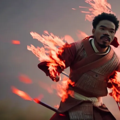 Image similar to cinematic film still of Chance The Rapper starring as a Samurai holding fire, Japanese CGI, VFX, 2022, 40mm lens, shallow depth of field, film photography