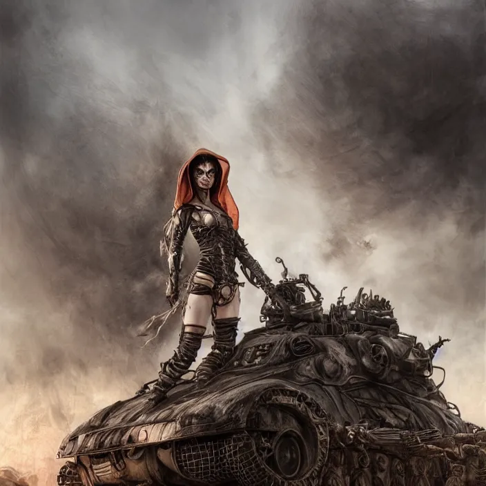 Image similar to beautiful apocalyptic woman in hooded cloak, standing on mad max panzer tank, hyper-detailed, smooth, sharp focus, 4k ultra hd, fantasy dark art, tank girl, artgerm, artstation, octane render, elegant, detailed digital painting, apocalyptic art